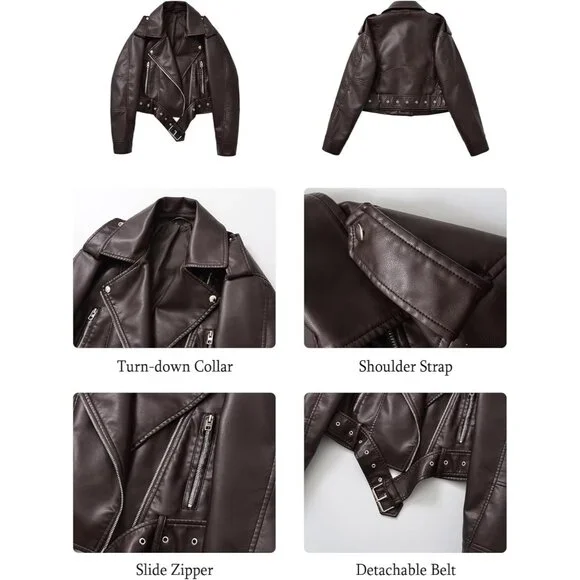 Women's Chocolate Faux Leather Cropped Jacket Vegan Motor Biker Coat with Belt